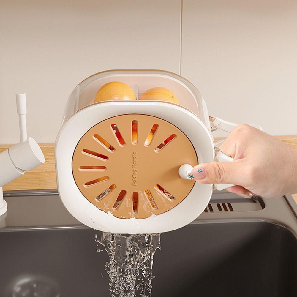 

Splashproof Vegetable Drain Basket Foldable Handle Food Storage Container Fruit Cleaning Bowl Home розовый