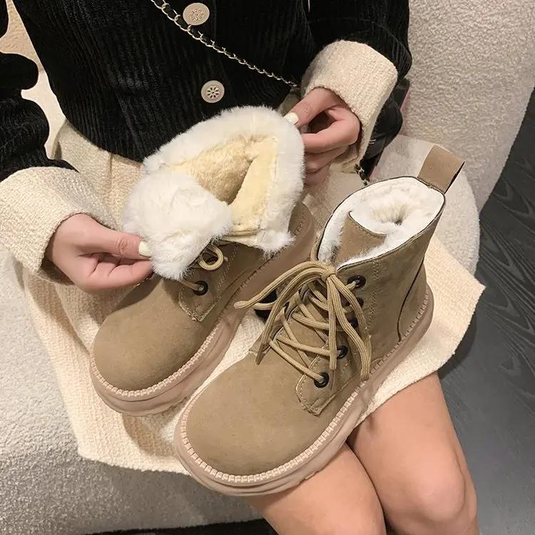 Fashion Thick Autumn and Winter Thick Soled Cotton Shoes with Fleece Small Man Fashion Lace-up Fur Integrated Casual Boots