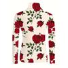 Women's Elegant Long Sleeve High Neck Red Rose Print Top, Slim Fit H Shape Machine Washable, Spring/Autumn Wear Top