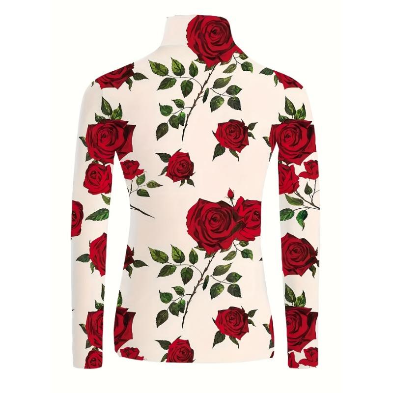 Women's Elegant Long Sleeve High Neck Red Rose Print Top, Slim Fit H Shape Machine Washable, Spring/Autumn Wear Top