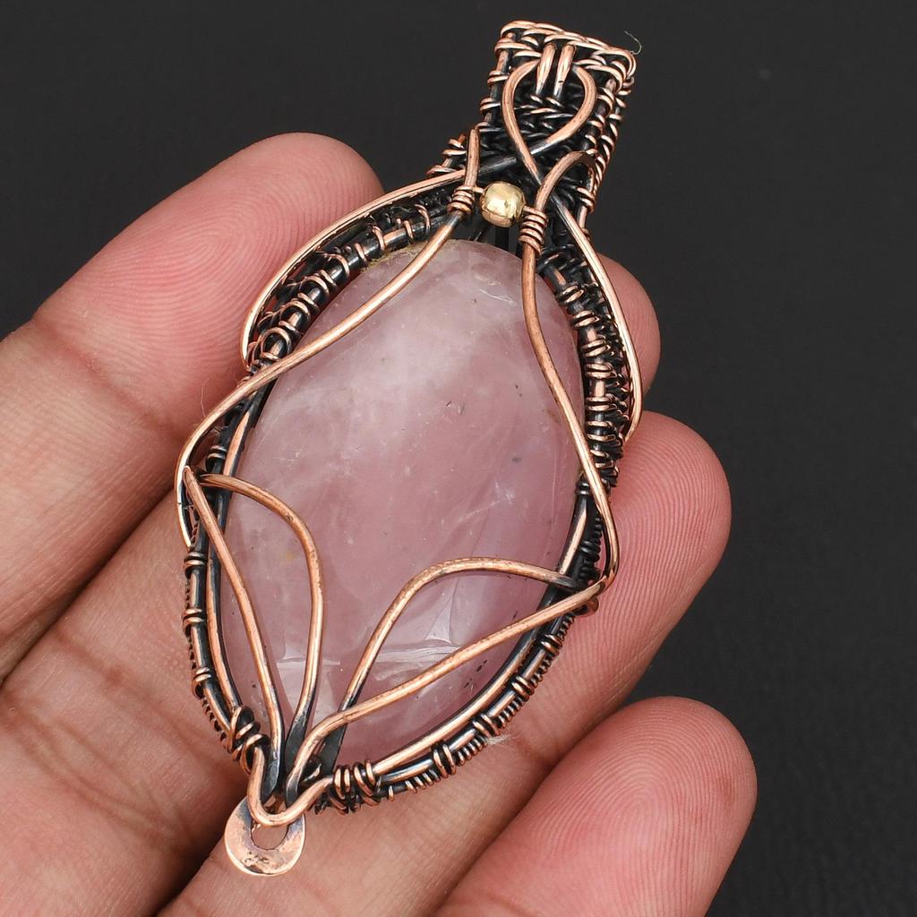 Rose Quartz Gemstone Pendant Necklace, Natural Pink Quartz Crystal Wire Wrapped Copper Jewelry Handmade Copper Pendant