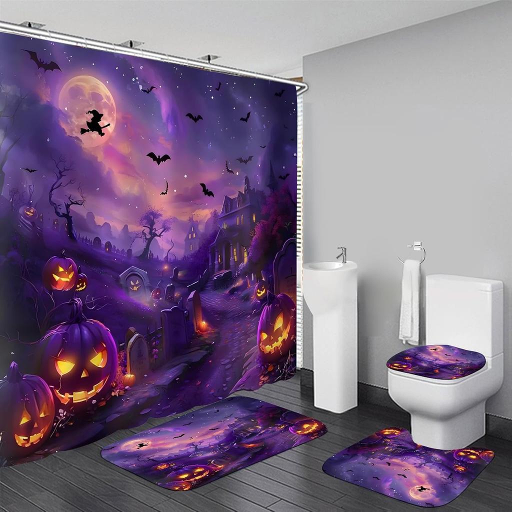 Halloween Shower Curtain Sets Haunted House Pumpkin Shower Curtains With 12 Hooks, Bathroom Decor Sets With Curtain And Rugs