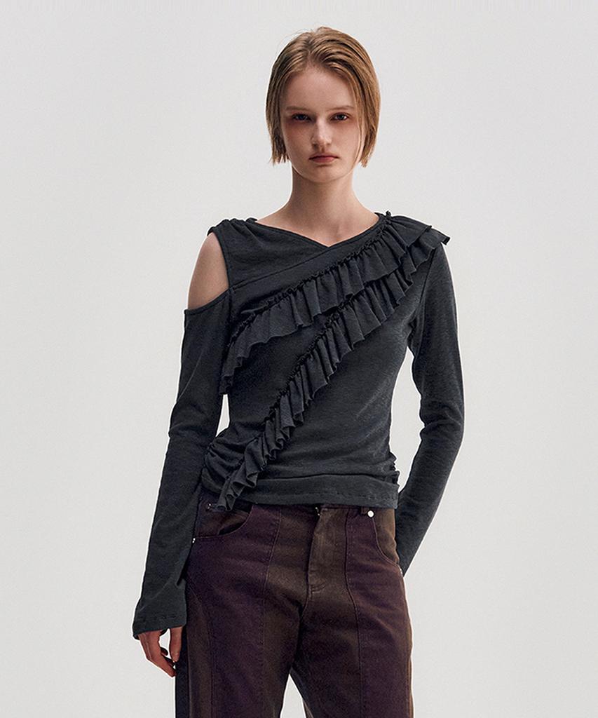 Kimjisu Diagonal Ruffle Jersey Top _ Charcoal