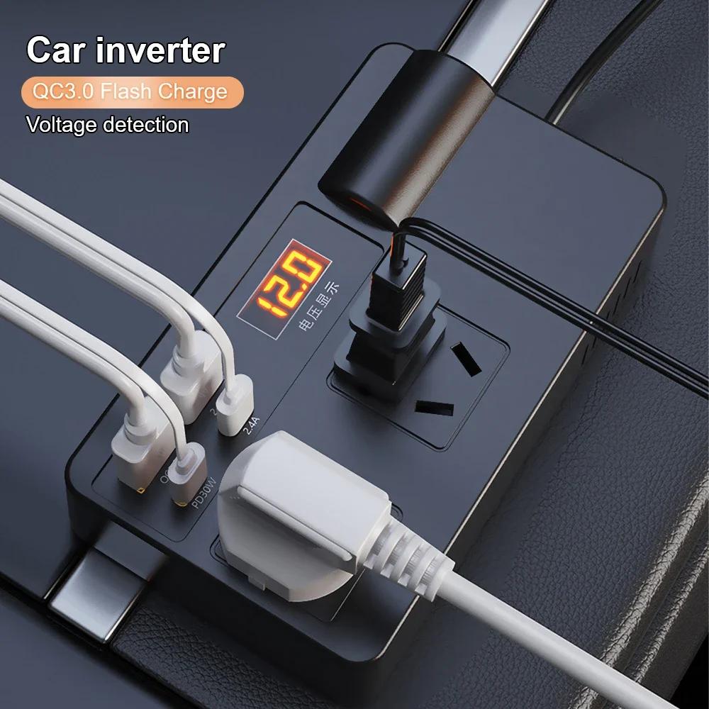 Car Inverter Power Converter 200W DC 12V/24V To AC 220V with Digital Voltage Display USB PD Type-C QC 3.0 Charger Switch