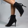 Lace-up Fleece Cooling Boots for Women Autumn Round Toe Open Toe Cutout Stiletto High Heel Fish Mouth Sandals