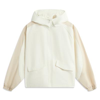 Comfortable Minimalist Color-Block Zipper Casual Hooded Windbreaker Women Outerwear Off-White AFDV972-1