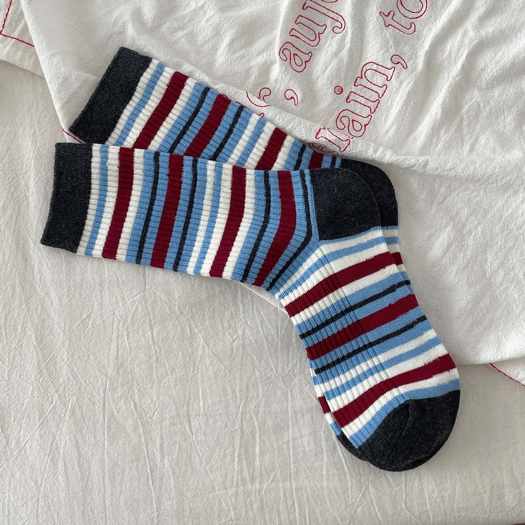 Grey Socks Cotton Mid-Leg Socks Double Needle Cotton Spring And Autumn Striped Pile Socks Collegiate Style Stockings