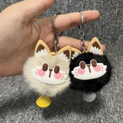 Keychain Pendant with Bell Furry Fox Face Pink Paw Prints Soft Plush Keyring Bags Backpacks Decorative Accessories