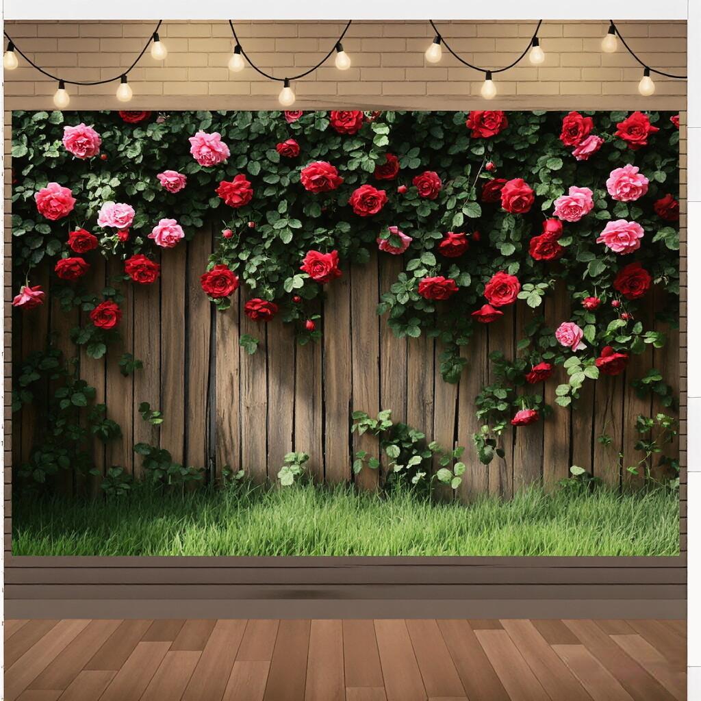 Garden Mori Background Cloth Outdoor Wooden Fence Green Plants Rose Party Photography Background Cloth