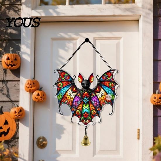 Acrylic Decoration with Bell Halloween 2D Chain, Bell, Stained Glass Ghost Bat Spooky Home Decorations Pumpkin Suncatcher Decor, Window Wall