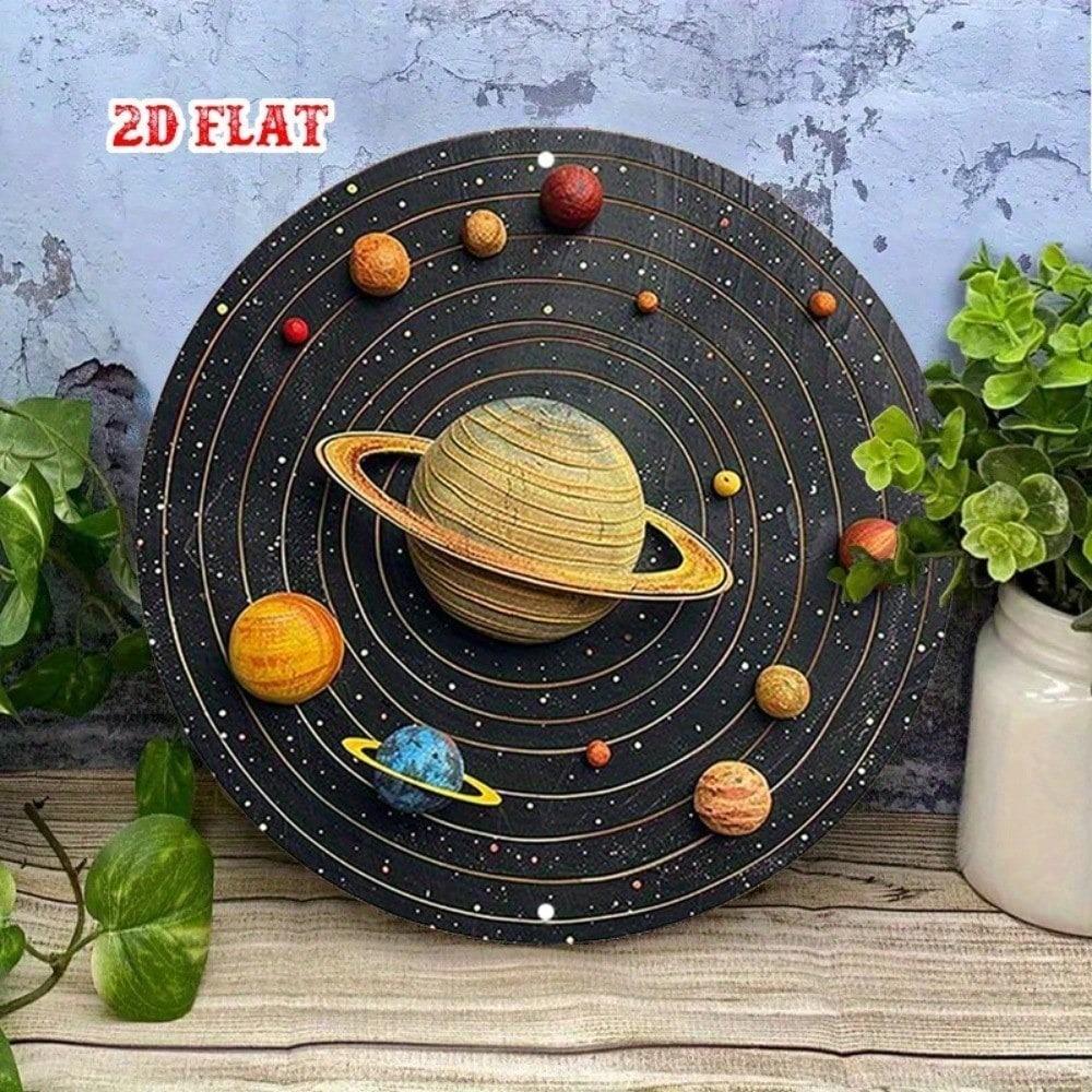 Cosmic Art Metal Round Wall Sign Solar System Planets Orbits 2D Flat Tin Decor 12 Inch