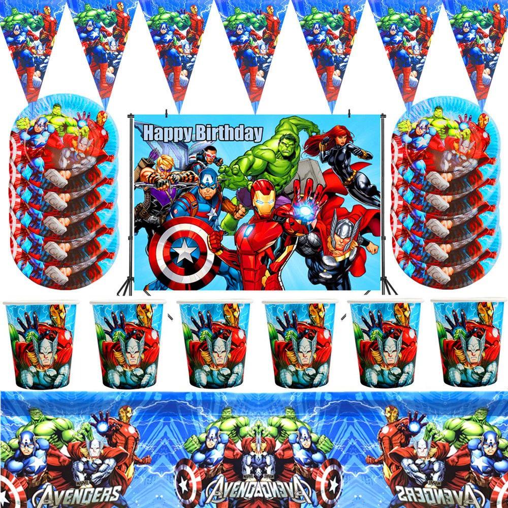 Avengers Tableware Set: Bunting, Cups, Plates, Masks, Cutlery, and Gifts for Indoor Parties