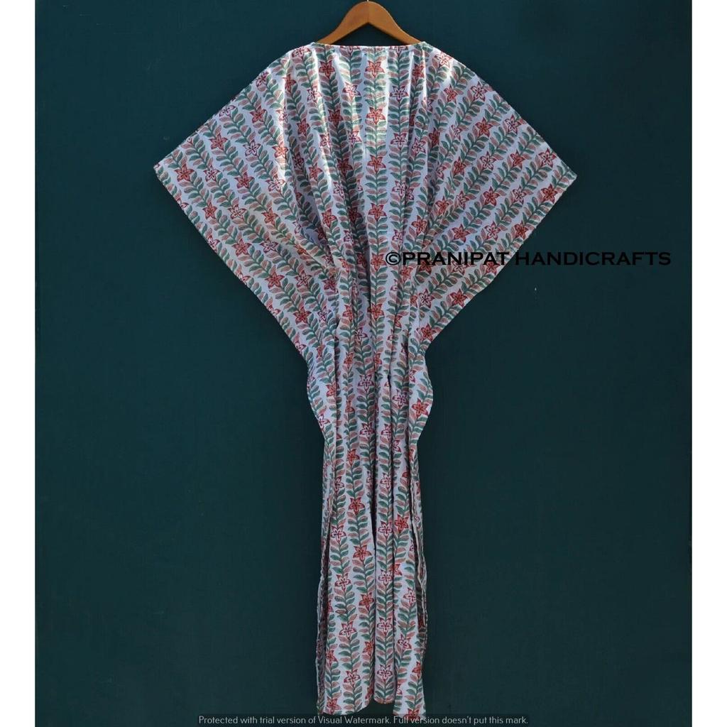 Damen Hippie Baumwolle Sommer Nachtwäsche Blumendruck Weiß Langes Maxi Kaftan Kleid CKFTN-SCRN-FULL-BUYIT-097