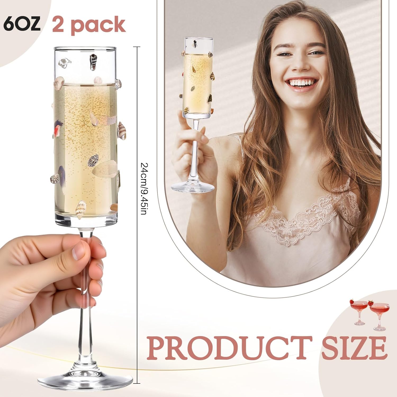 

2 Pack 3D Conch Shell Champagne Flutes, 6 oz Ocean-Themed Handmade Glass Wine Glasses for Weddings, Beach Parties, Home Bar United States