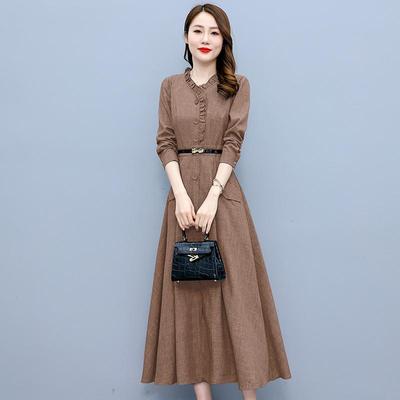 Elegant 3827 Women's Spring & Autumn Slim-Fit Long-Sleeve Cotton-Linen Dress