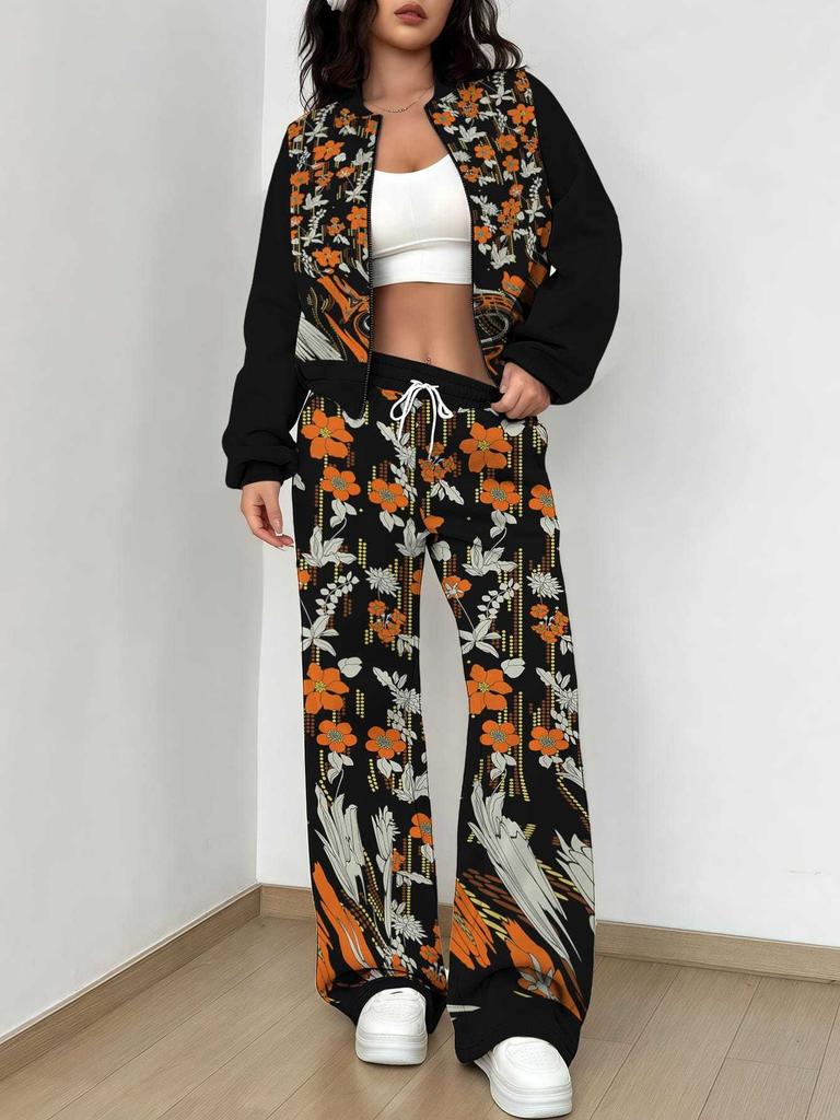 Purple Smudge 1116 Popular Autumn and Winter New European and American Women's Clothing Floral Printing Set