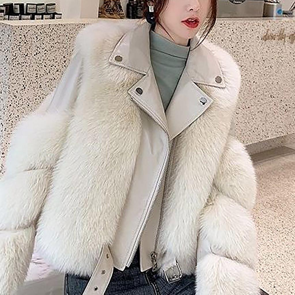 Womens Ladies Warm Solid Color Plush Long Sleeve Motorcycle  Winter Short Coat