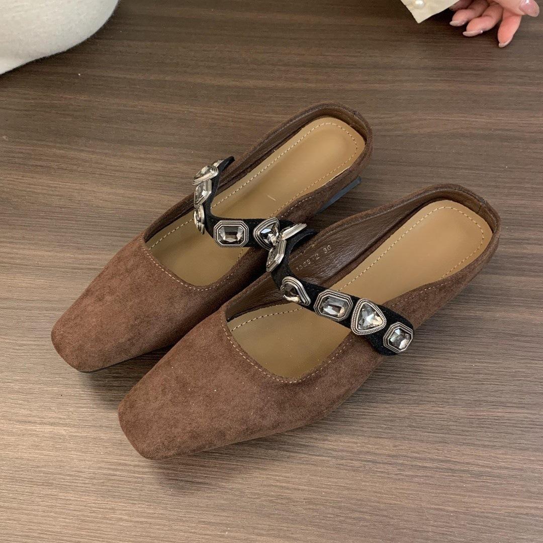 

French retro baotou half drag spring and summer outer wear 2025 new square head light mouth low heel Mary Jane sandals 40 коричневый