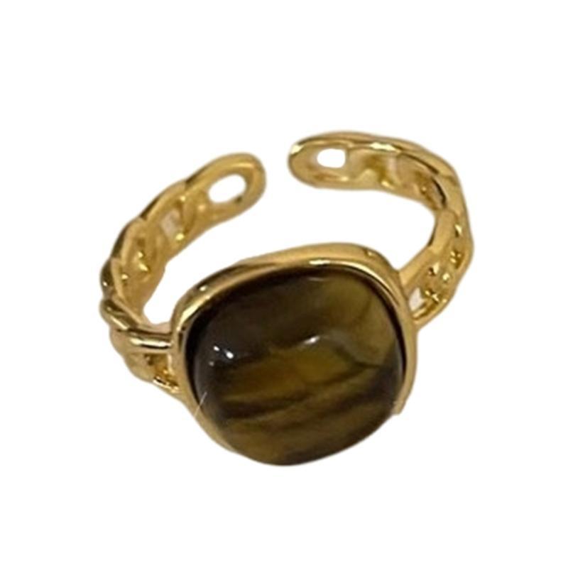 A52E Retro Amber Stone Ring Unique Natural Gemstones Open Finger Ring Handmade Bohemian Accessory for Stylish Ladies