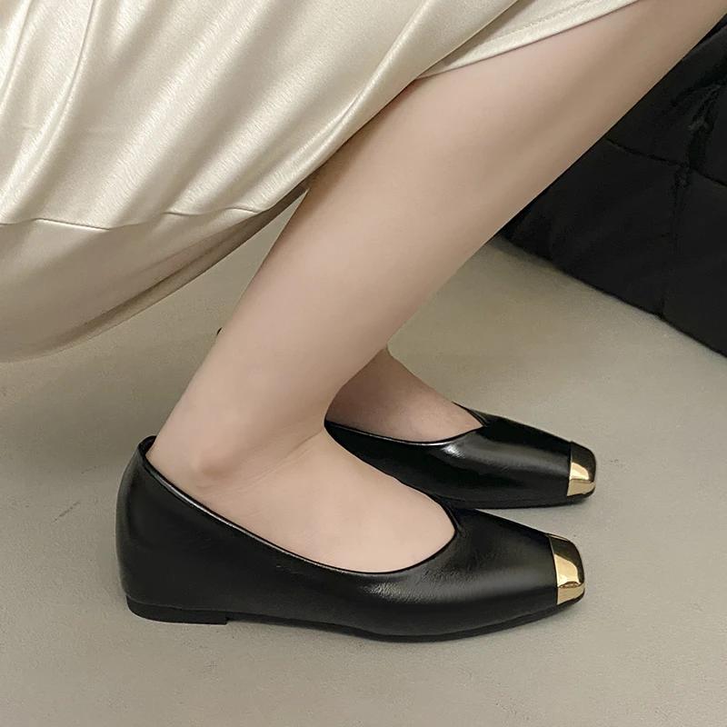Fashion Metal Square Toe Suede Inside Heightening Anti-Slip Wear-Resistant Low Heel Single