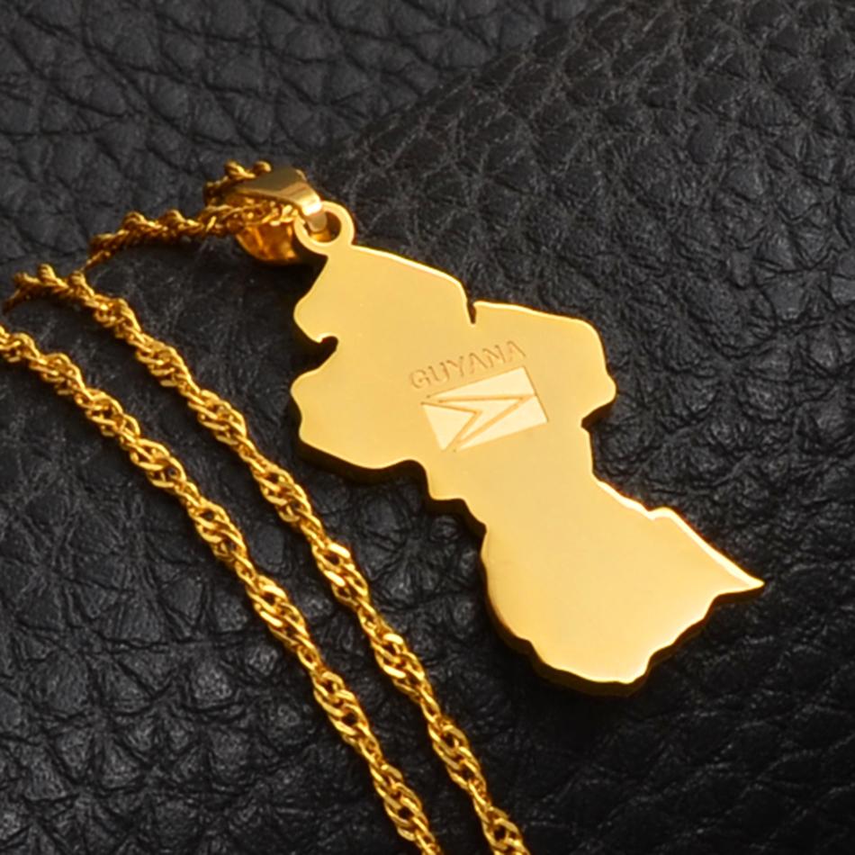 Anniyo Guyana Map Flag Pendant Necklace Women Girls Gold Color Guayana Jewelry Republic of Guyana #077121 45cm Thin Chain
