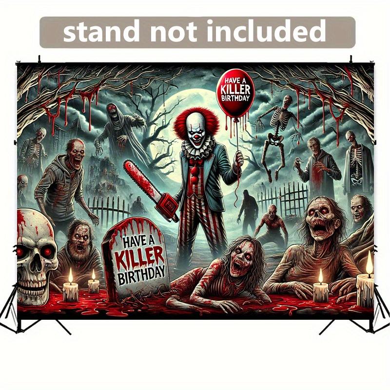 Horror Clown Birthday Background - "Killer Birthday" Theme Featuring Zombies Skulls and Blood Splatter - Polyester Decoration