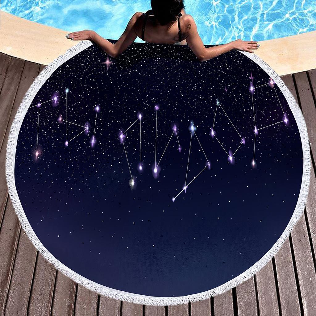 12 Constellation Round Beach Towel, Soft Microfiber Mystery Universe Galaxy Beach Towel Absorbent Towel for Travel Pool Picnic