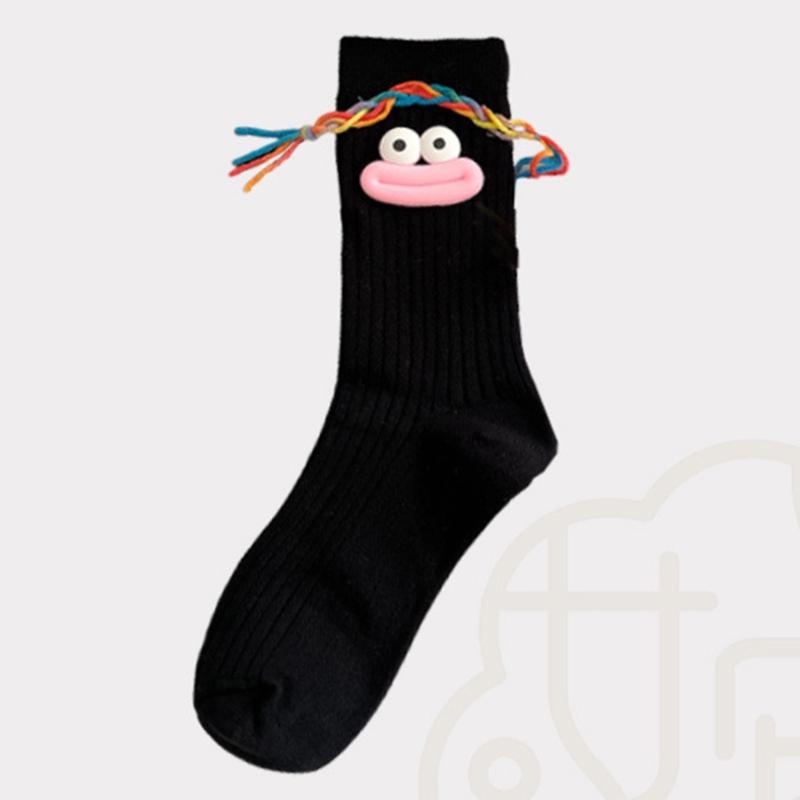Women's Novelty Cute Large Mouth Braids Ugly Dolls Middle Tube Socks Casual Novelty Cartoon Crew Socks for Cosplay Party