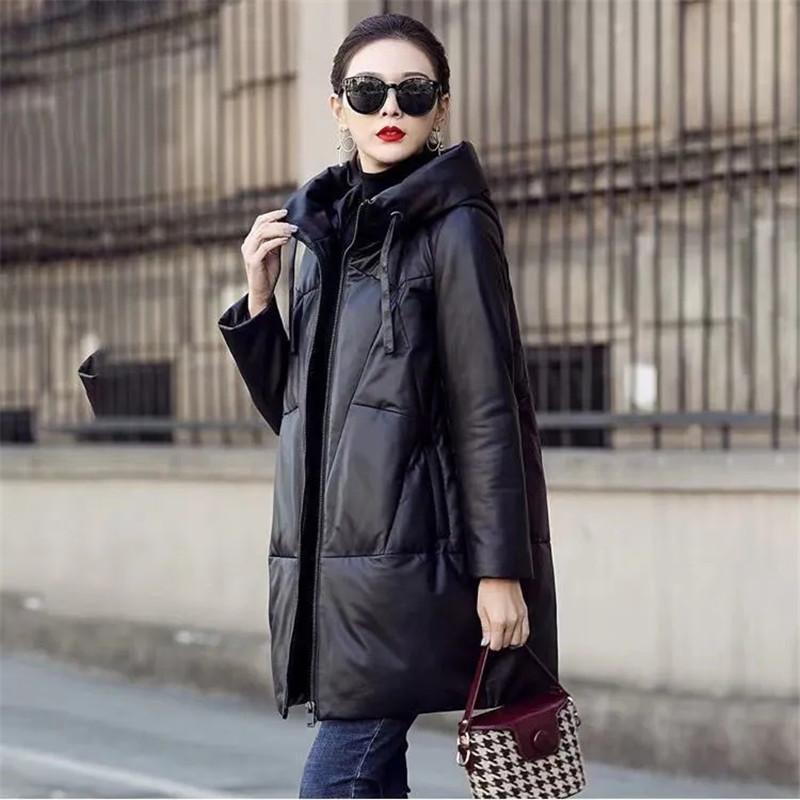 Winter Women's Warm Hooded PU Leather Jacket Thicken Snow Parkas Black Loose Long Coat Windproof Female Cotton Leather Overcoat