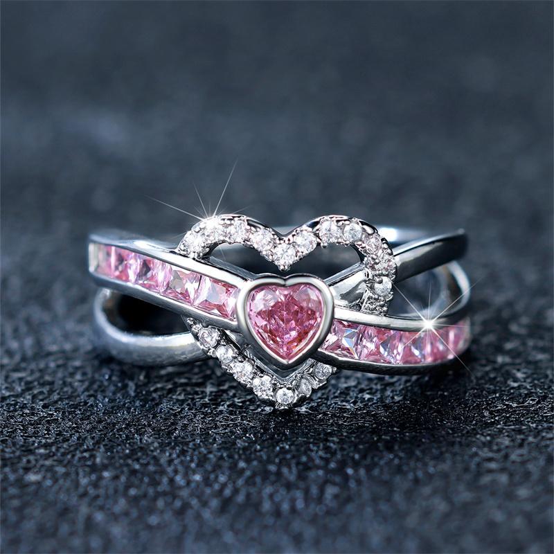Cute Female Pink Zircon Stone Ring Trendy Silver Color Heart Engagement Wedding Jewelry Gift