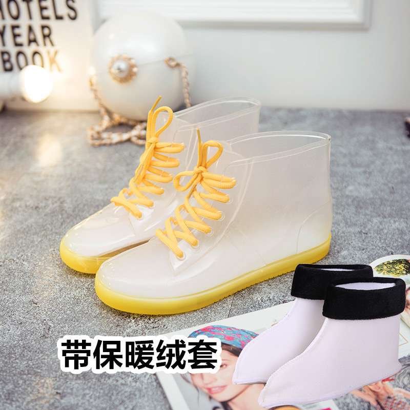 Jelly transparent non-slip fashion waterproof shoes rain shoes rain boots rubber shoes overshoes velvet cotton water boots women's short tube adult su