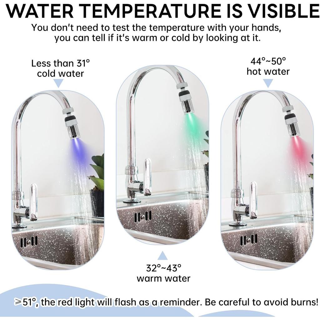 3 Colorful LED Faucet 360 Degree Rotation 3 Color Temperature Change Sensor Bright LED Light Accessories for Restaurant Bathroom Kitchen
