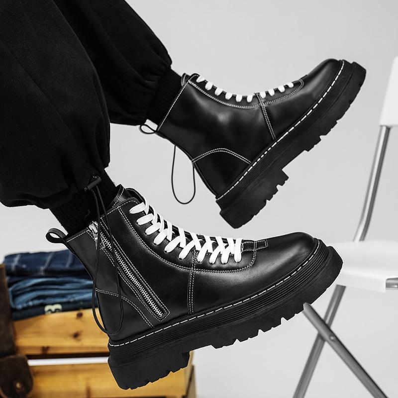Fashion Men's High-Top Leather Boots Thick Bottom Fleece-Lined 2024 Autumn Winter New Men's Boots Breathable Non-Slip Men's Boots