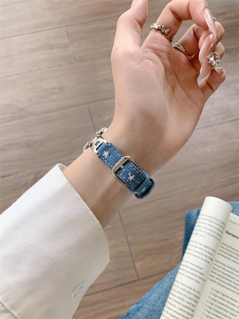 Star Denim Watch Strap for Apple 11th Gen, Huawei GT6, and Xiaomi 9 Pro Female Models