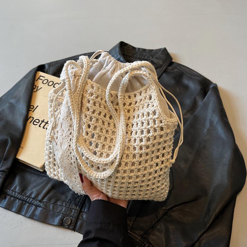 Natural Crochet Shoulder Bag for Women - Large Capacity Handwoven Beach Bag with Scarf, Summer Fashion Shopper Tote