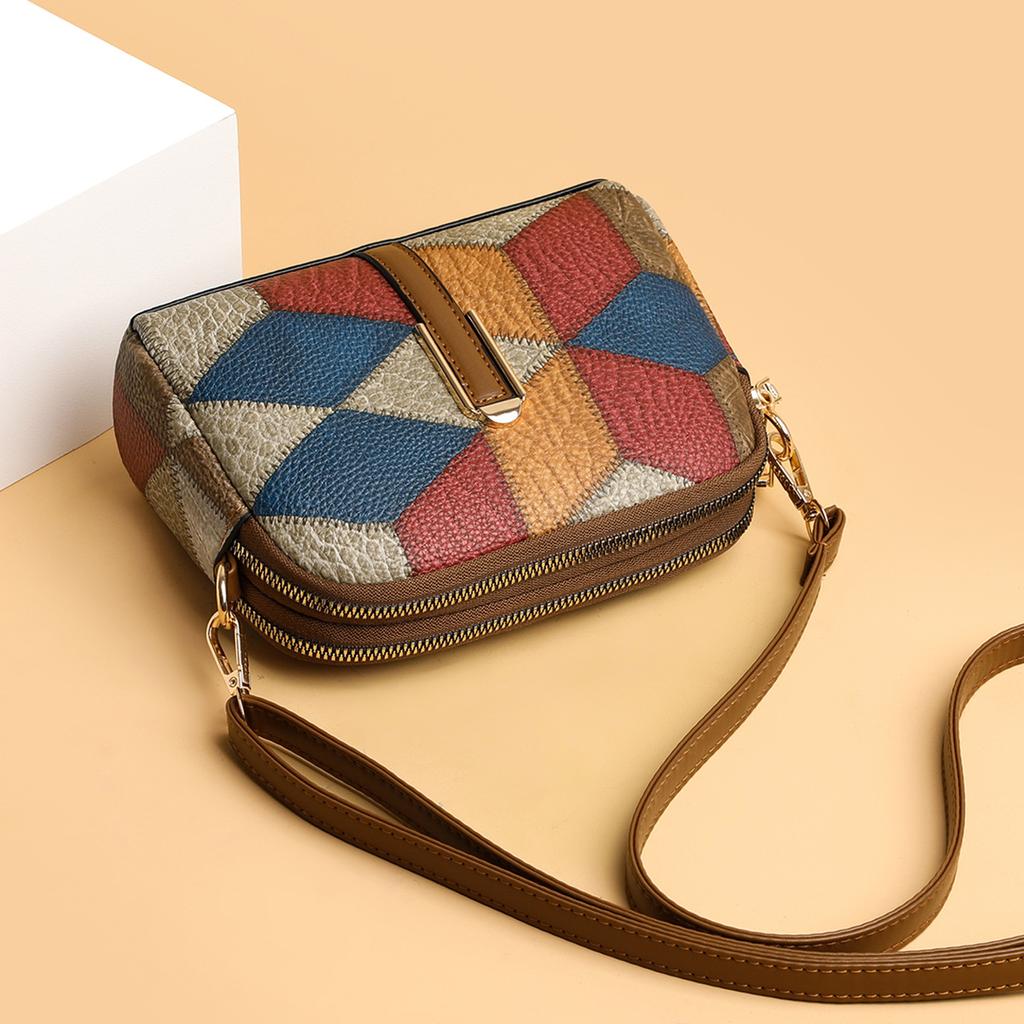 New Color Matching Splicing Versatile National Style Fashion Trend Double Zipper Shoulder Crossbody Change Mobile Phone Bag