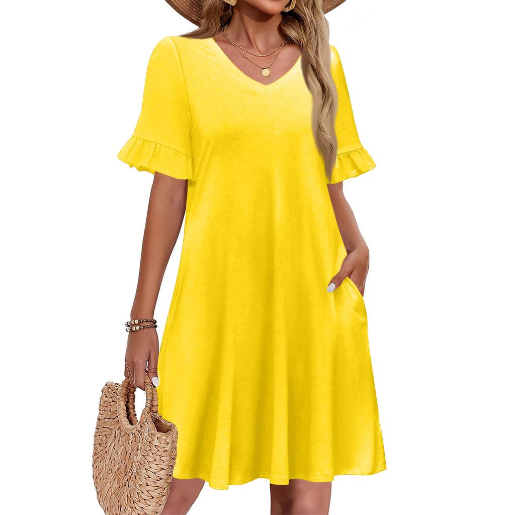 Women A Line Sun Dress Short Sleeve V Neck Dress With Pockets