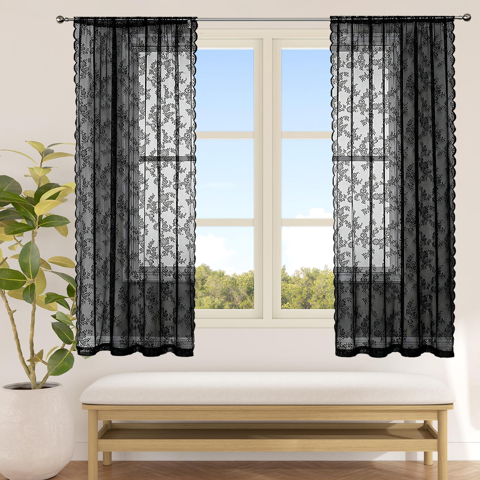 

Black Floral Net Curtains Lightweight for Office Living Room Decorative 100cmx140cm