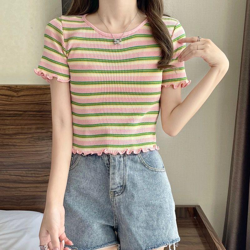 Short Sleeved Striped Knitted Sweater for Women In Summer Round Neck Fungus Edge Versatile Contrasting Color Short Style Slimming Effect on Clothes