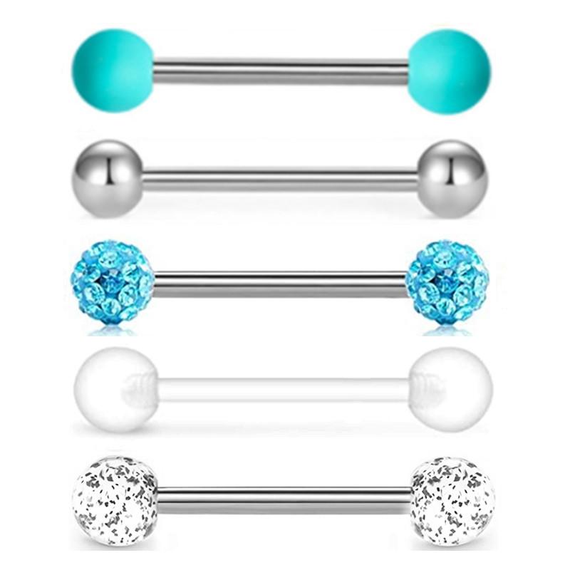 5PCS Acrylic Tongue Piercing Barbell Set Stainless Steel Glitter Tongue Rings Lot 14G Nipple Piercing Bar Bulk Piercing Langue