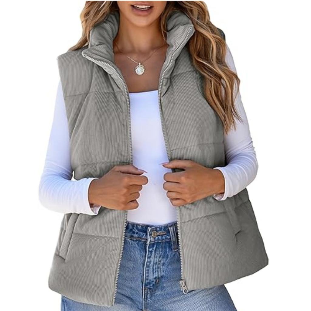 2026 Fall Winter Corduroy Quilted Vest for Women, Fashion Casual Padded Gilet with Pockets and Front Zipper