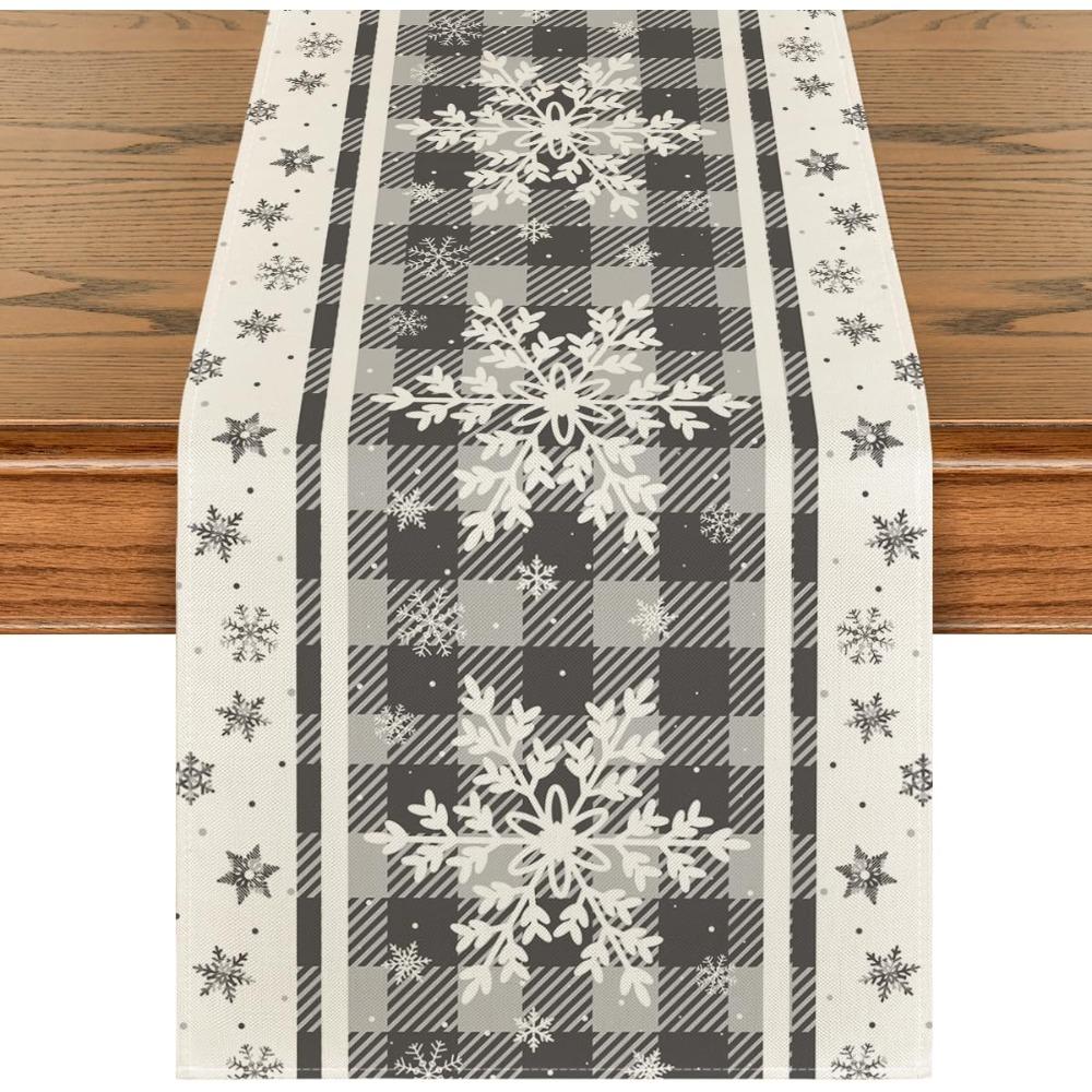 Artoid Mode Buffalo Plaid Snowflakes Christmas Table Runner, Seasonal Winter Kitchen Dining Table Decoration for Home Party Decor 13x72 Inch