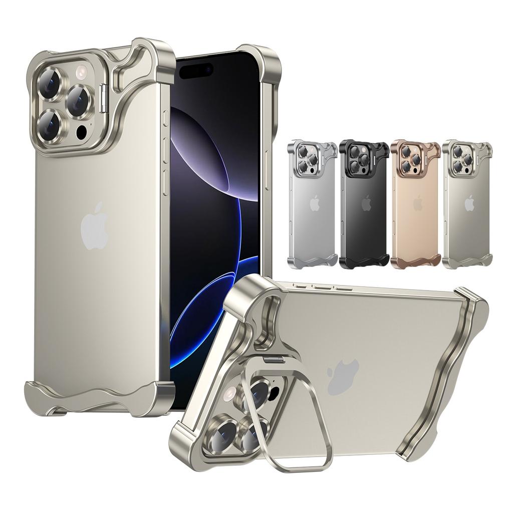 Custodia per Telefono con Supporto e Protezione Lente Senza Cornice in Lega di Alluminio Metallico Unica per iPhone 16 15 14 Pro Max con Copertura Pellicola Protettiva Lente