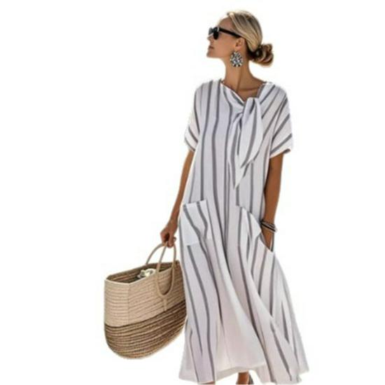 2025 Temperament Short Sleeve Bow Pocket Maxi Dress
