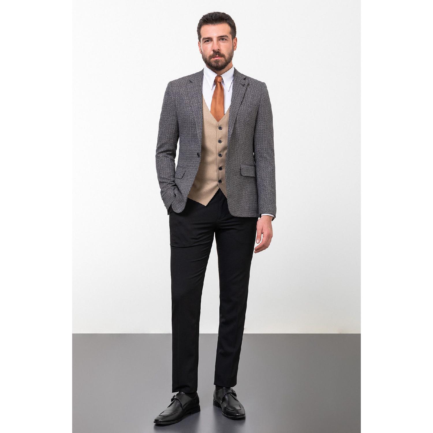 

Patterned Black Slim Fit Mono Collar Combination Wool Men s Suit 46 чёрный