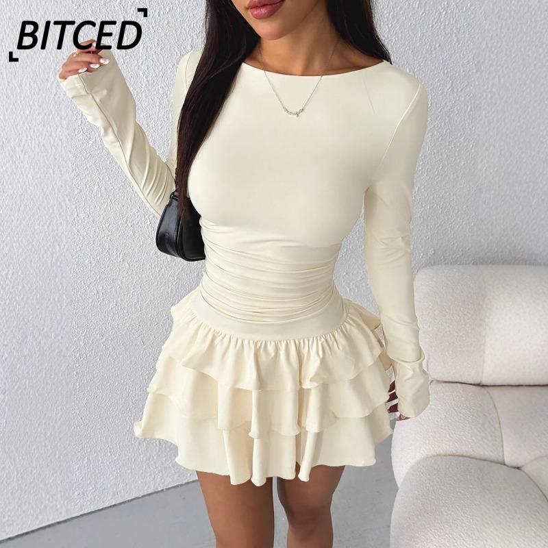 BITCED Fashion Autumn Winter Solid Color Print Long Sleeve O-Neck Casual Dresses International Design