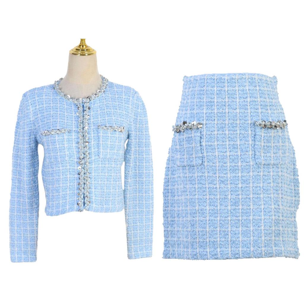 Schickes, französisch inspiriertes Strickjacken- und Bodycon-Midirock-Set mit Diamanten