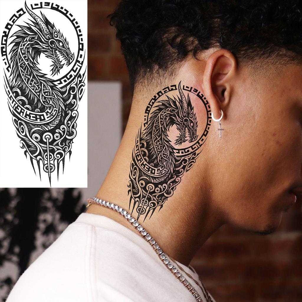 1 Foglio Tatuaggi Temporanei Vichingo Maori Drago Totem per Uomo Avambraccio Collo, Adesivi Tatuaggio Finti Temporanei Impermeabili Tatuaggi Realistici