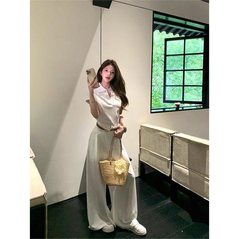 Kumikumi Design Sense Lapel Shoulder Short sleeve T-shirt Women Summer Slimming Drape Casual Pants Trousers Two-piece Set