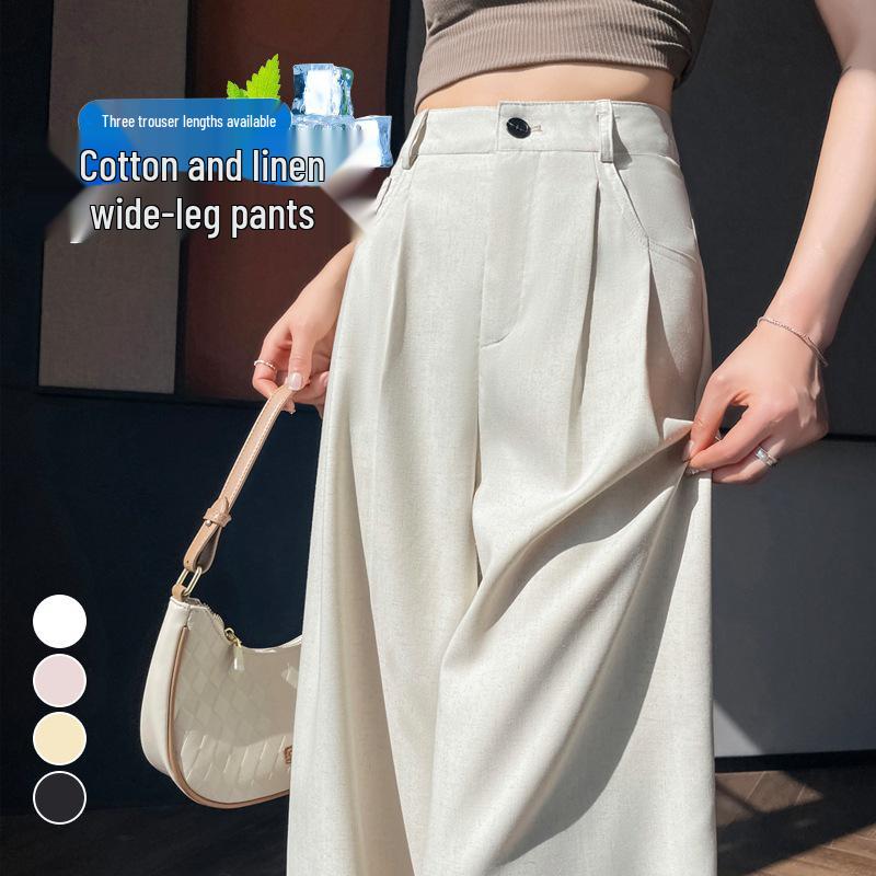 2026 Summer Women's High Waist Wide Leg Cotton & Linen Ice Silk Pants